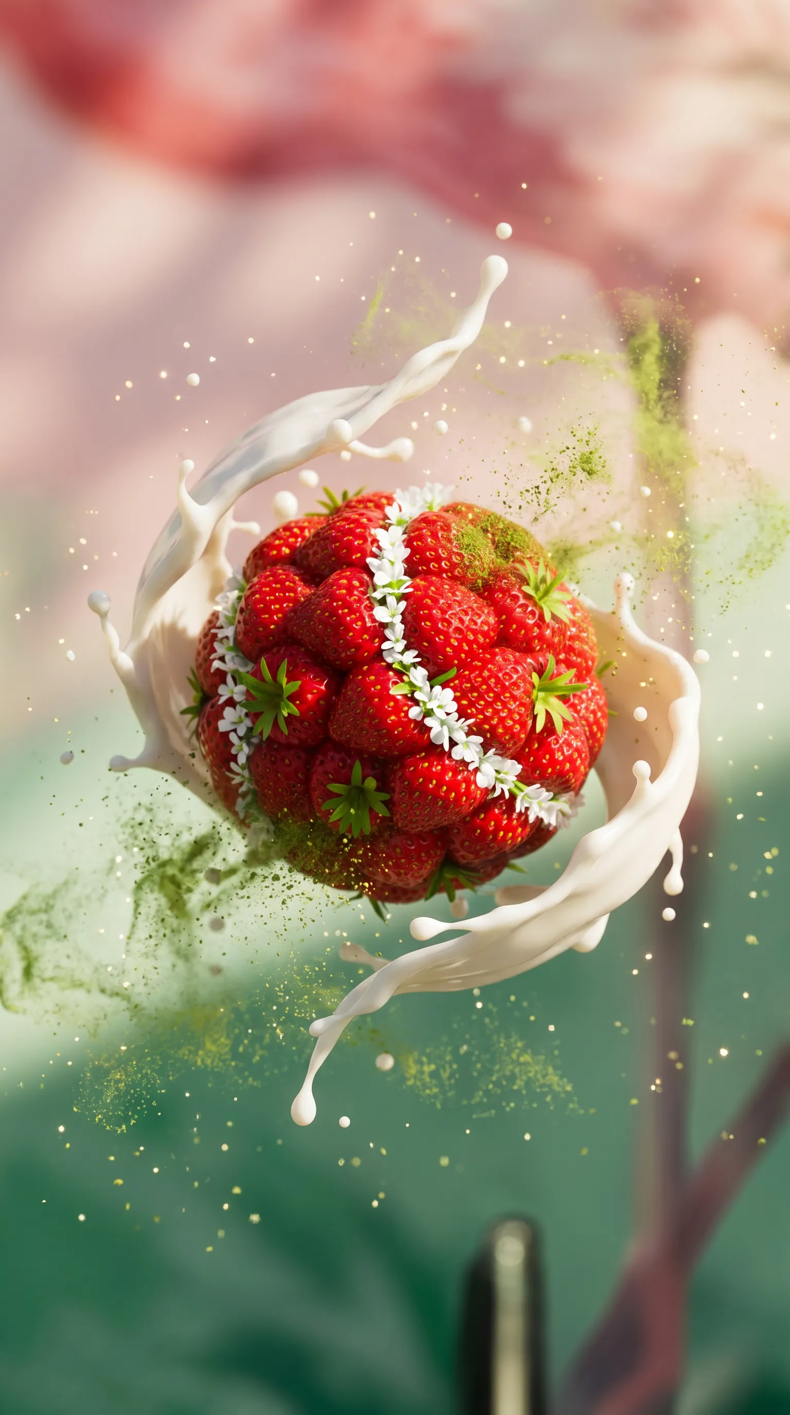 Sphere made of clustered strawberries decorated with small white flowers, surrounded by a splash of milk and green powder particles.