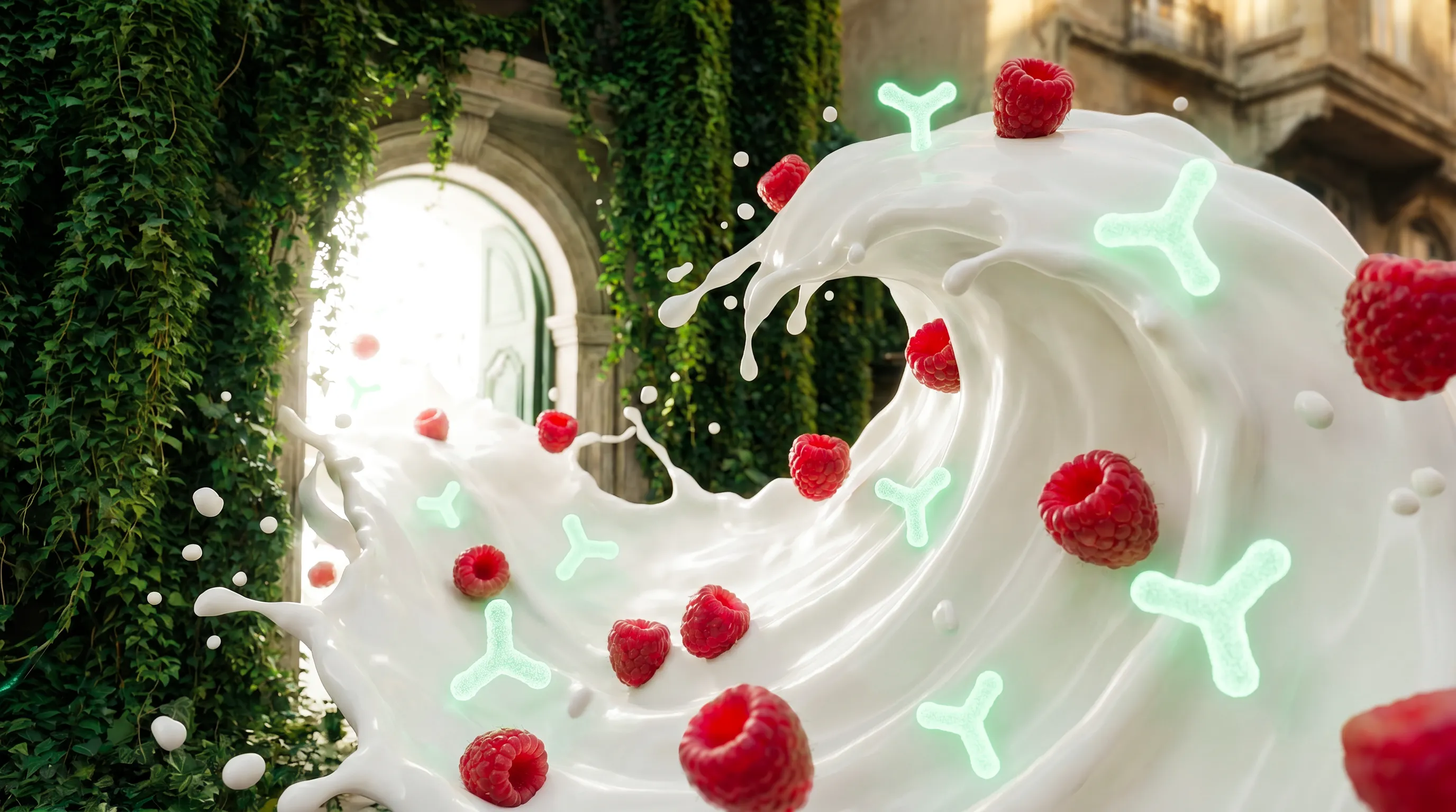 Splash of yogurt with floating raspberries and glowing green antibody shapes in an outdoor setting with greenery and stone architecture.