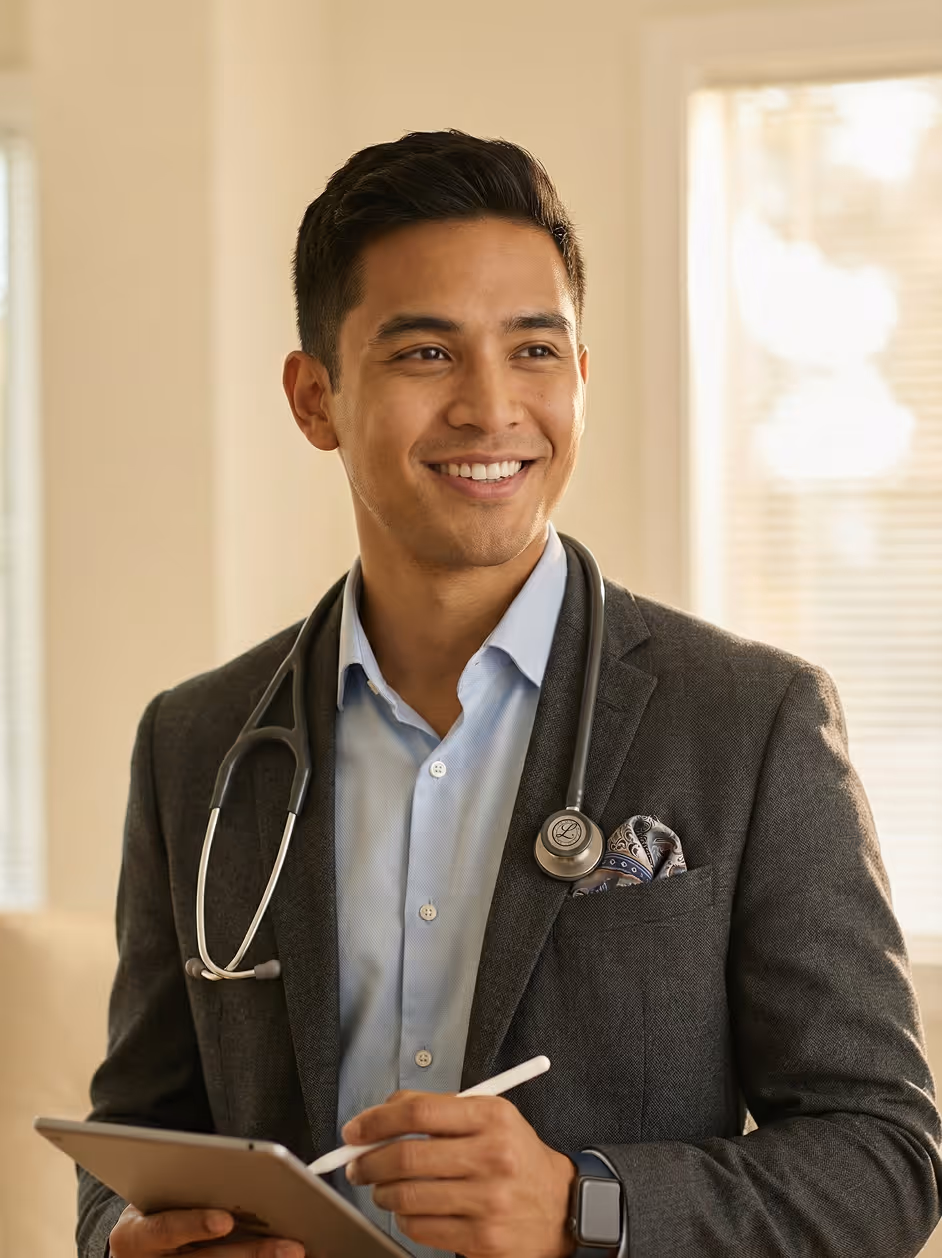 Smiling male doctor in a blazer with a stethoscope around his neck using a tablet and stylus.