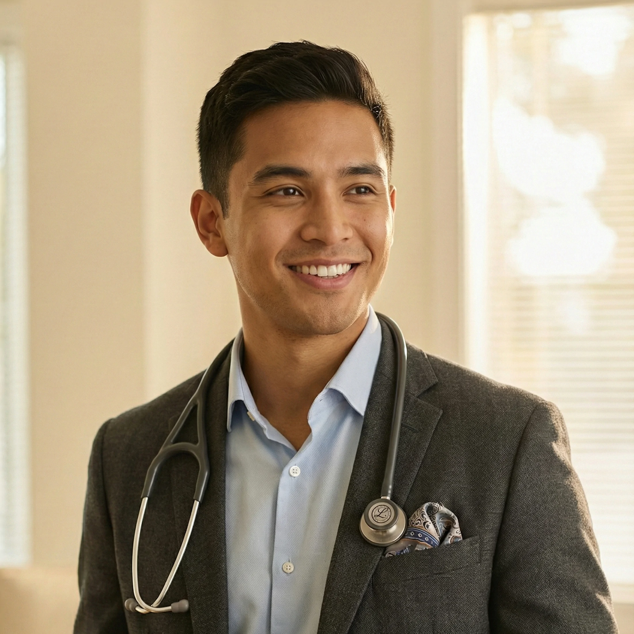 Smiling male doctor in a gray blazer with a stethoscope around his neck and a pocket square.