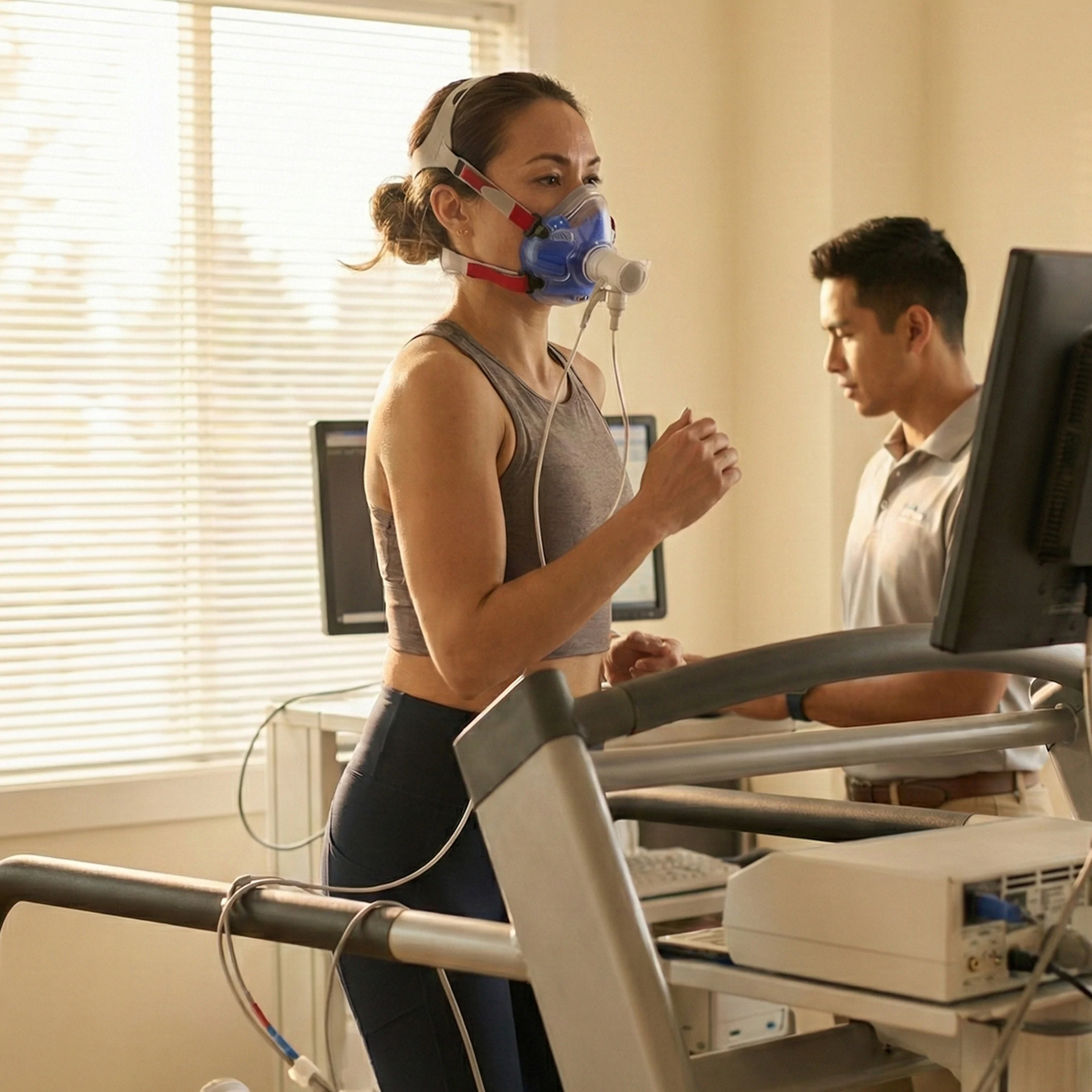Woman running on treadmill wearing a respiratory mask connected to monitoring equipment, with a technician observing data on a computer.