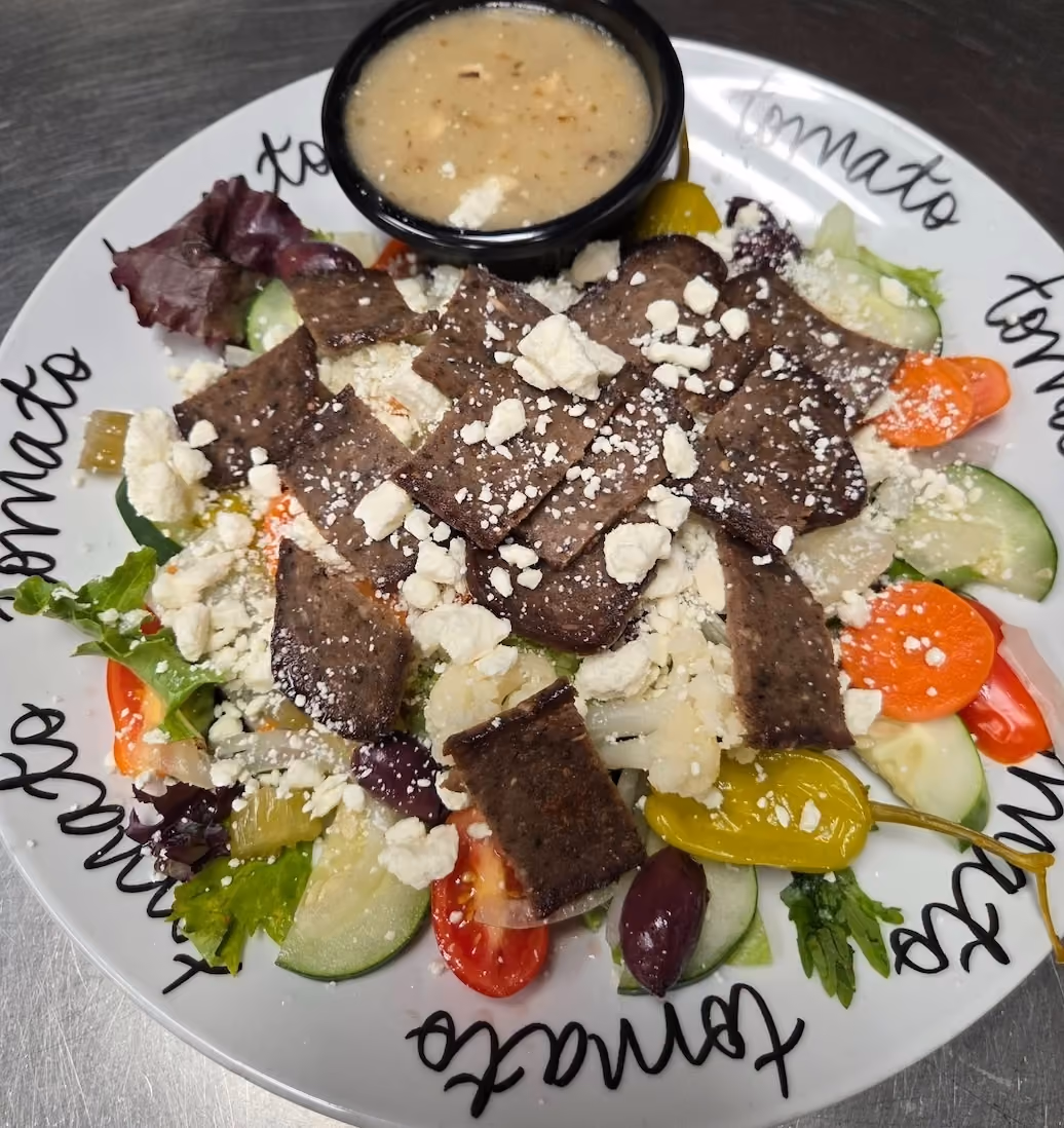 Greek salad with steak