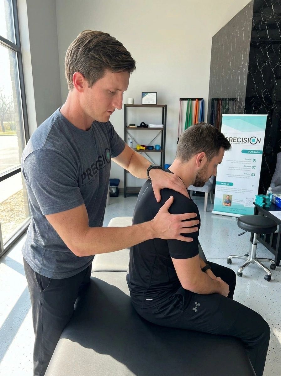 Patient receiving one-on-one manual therapy treatment at a physical therapy clinic in Omaha