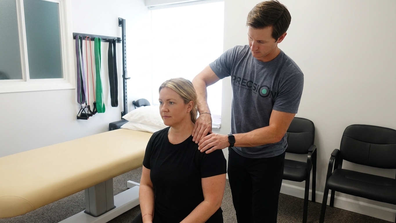  Patient working with a provider at a physical therapy clinic in Omaha, NE during a manual therapy shoulder treatment session