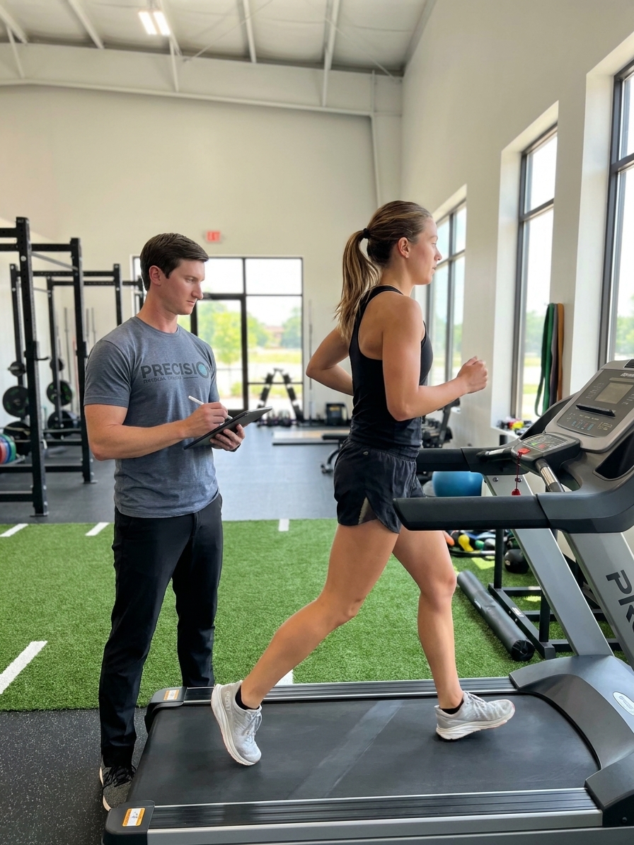 Patient undergoing a running gait analysis on a treadmill with a physical therapist at a performance physical therapy clinic in Omaha, NE