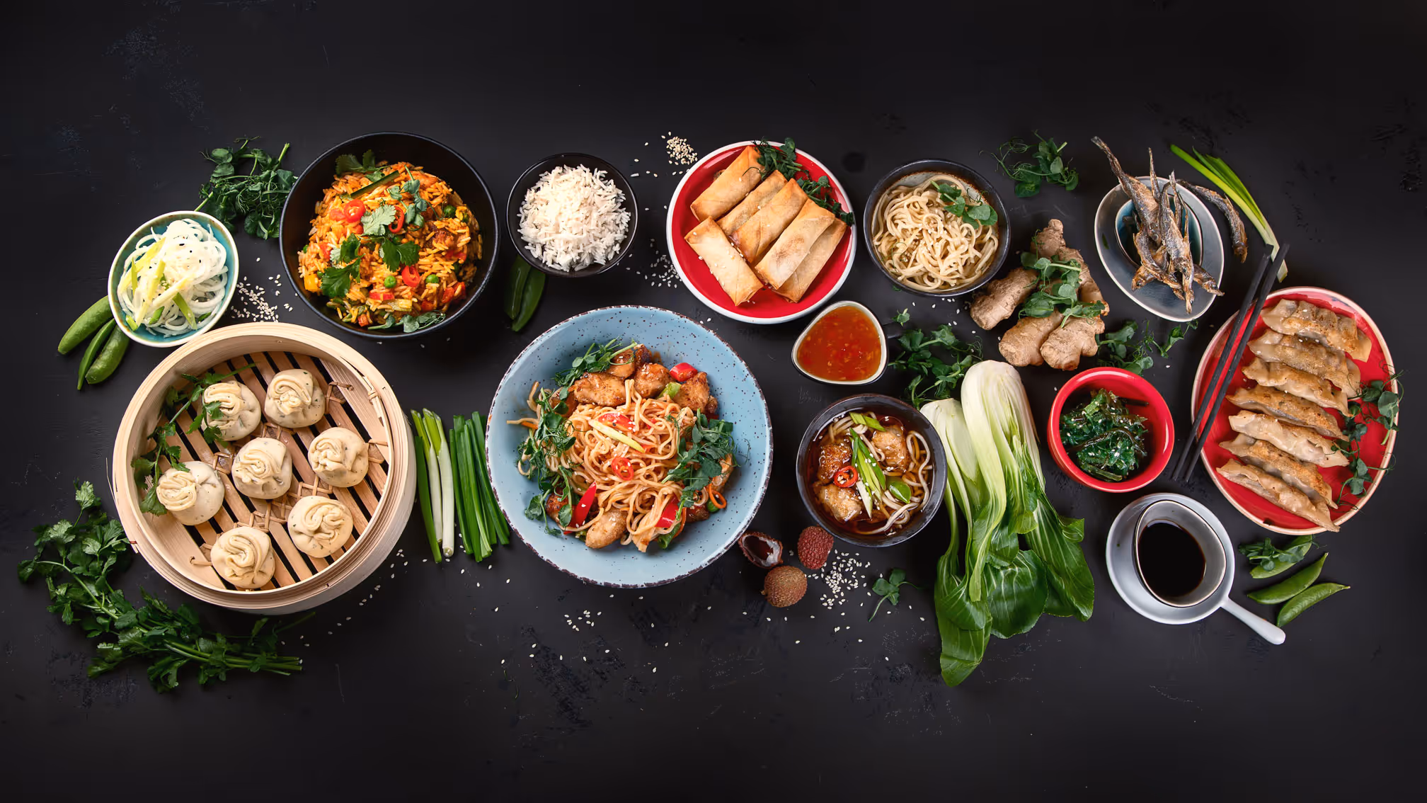 Assortment of Asian dishes including steamed dumplings, spring rolls, noodle soups, stir-fried noodles with chicken, fried rice, vegetables, and dipping sauces on a black background.