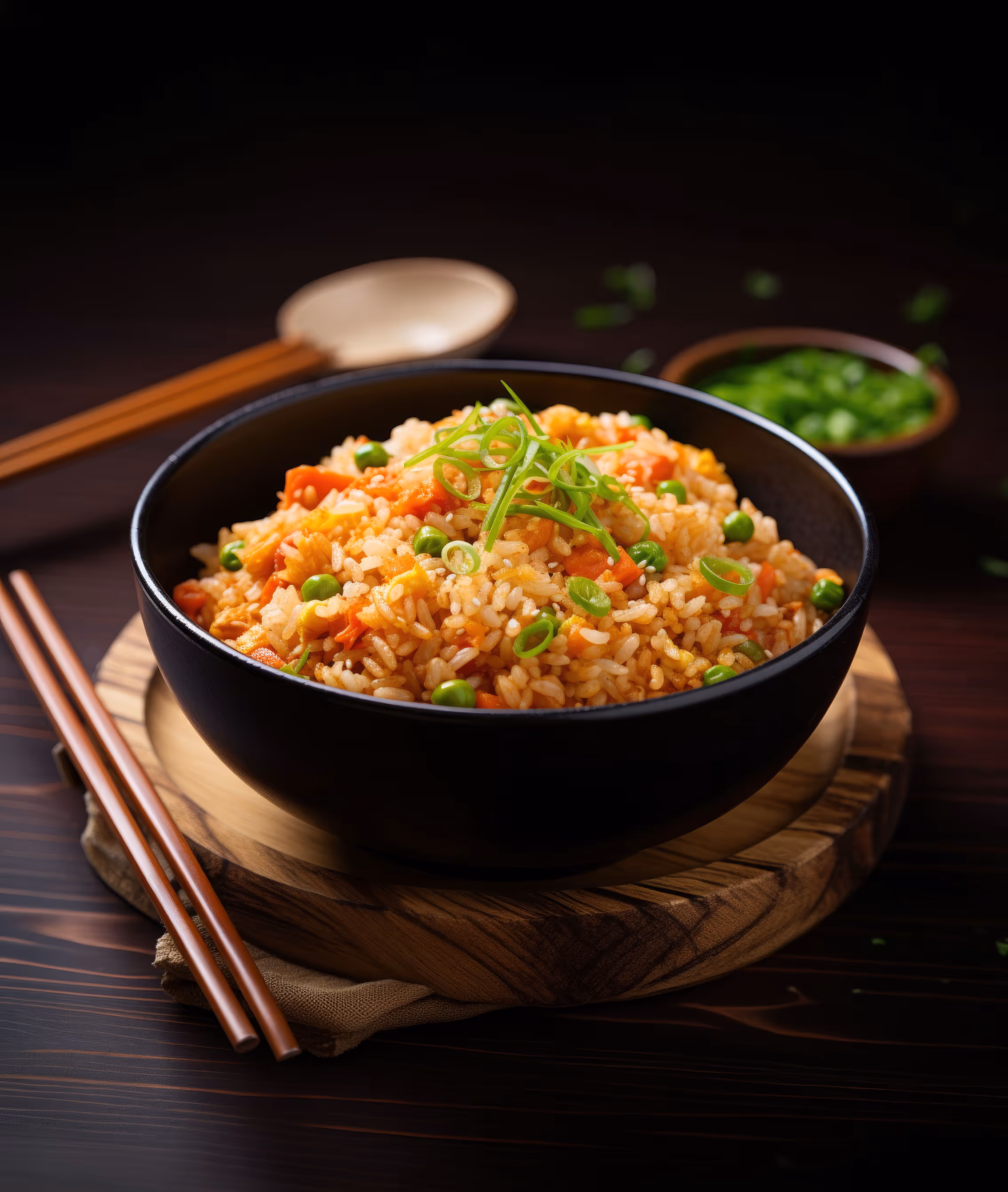 Black bowl of fried rice with peas, carrots, and garnished with sliced green onions on a wooden board with chopsticks.
