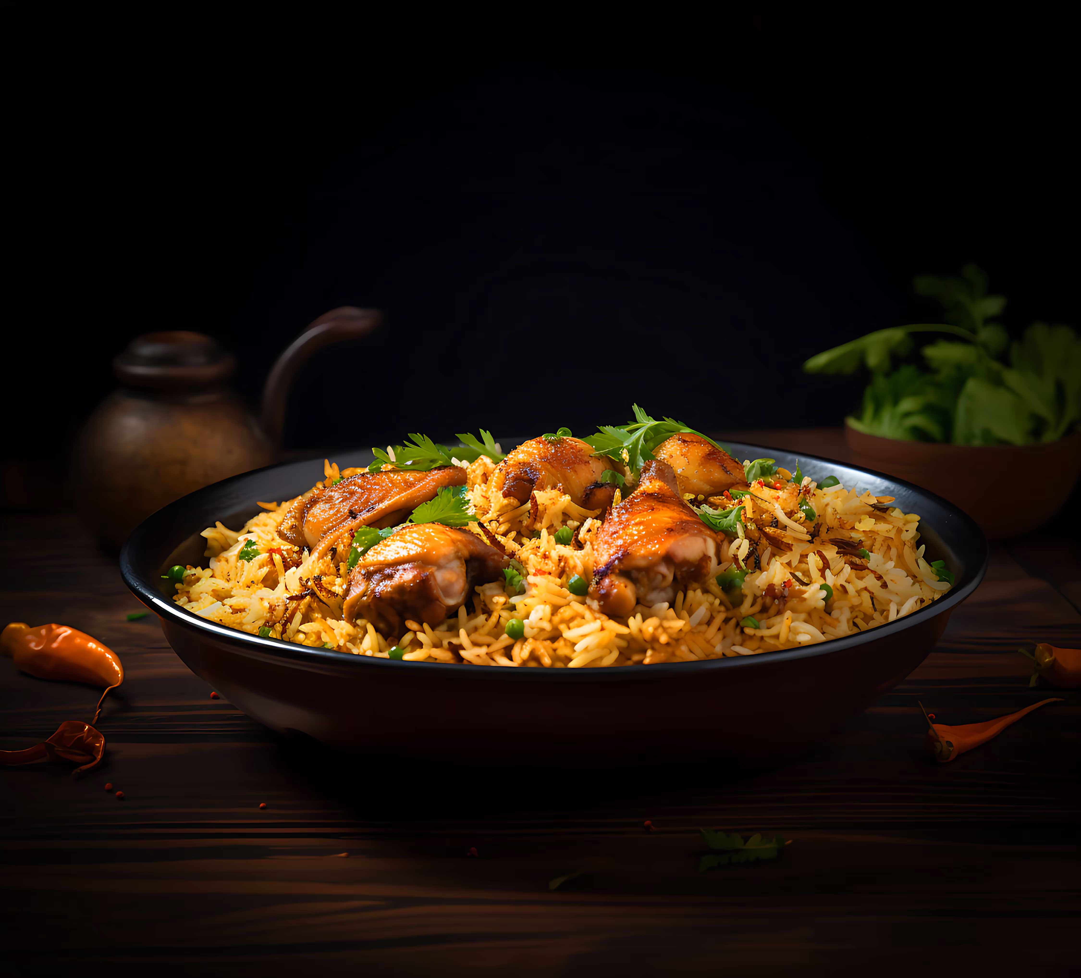 Black bowl filled with spicy chicken drumsticks and yellow rice garnished with fresh green herbs on a wooden surface.