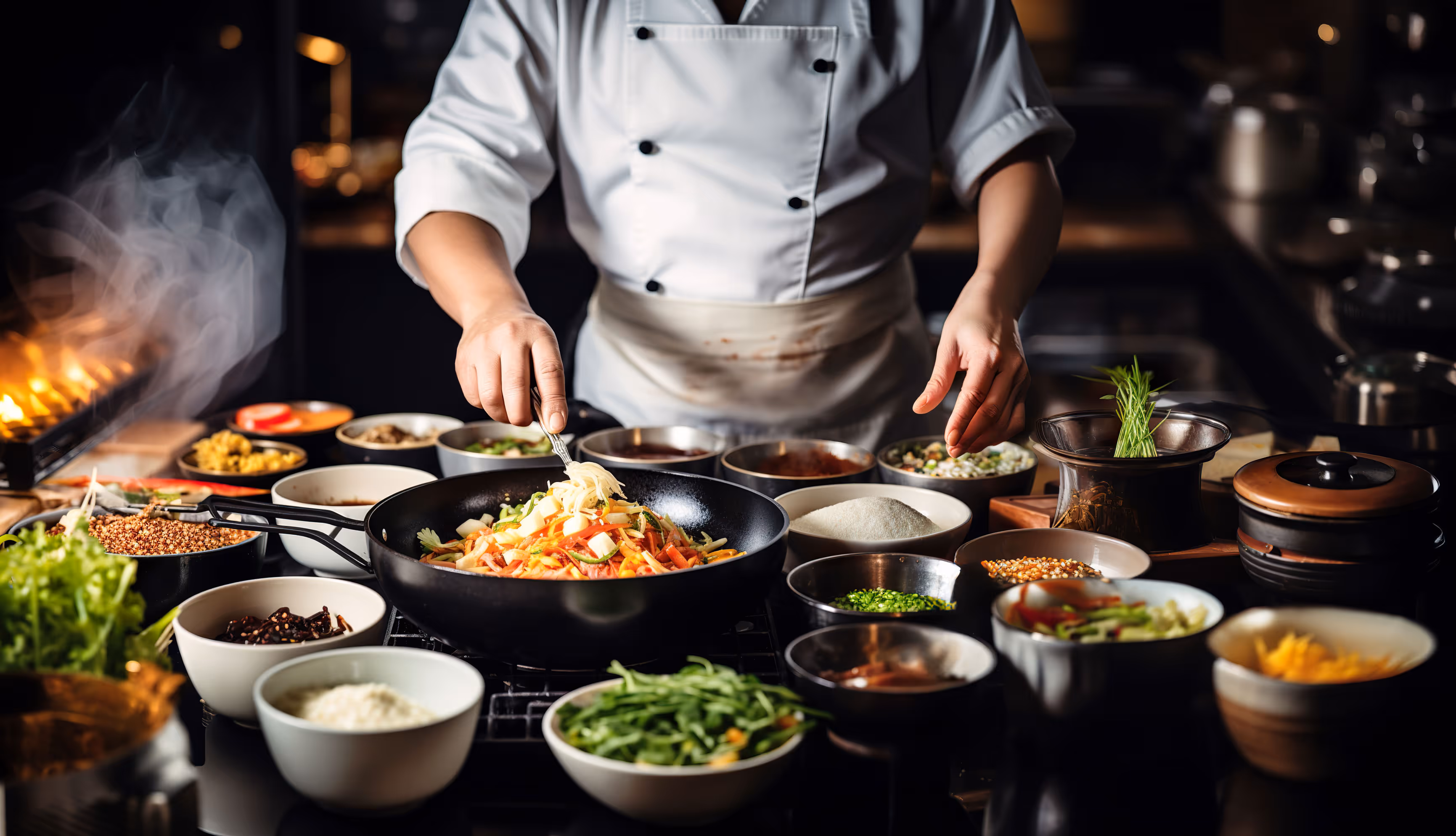 Chef cooking stir-fry noodles with vegetables in a black wok surrounded by bowls of fresh ingredients and spices.