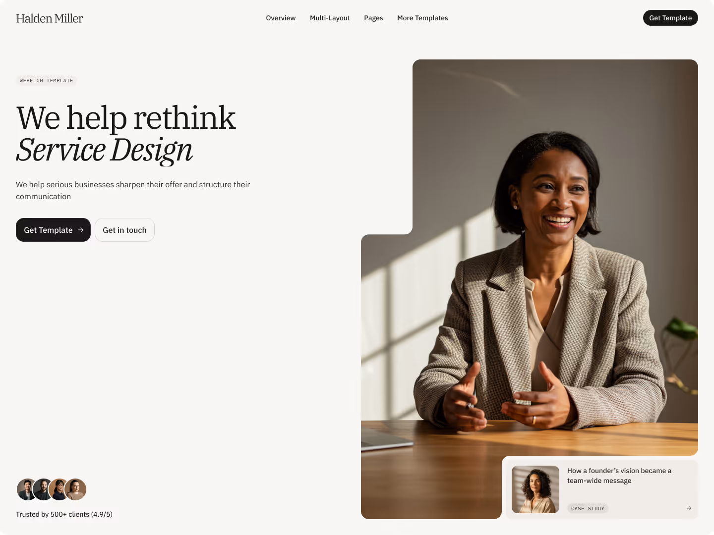 Homepage layout featuring a professional portrait and introduction text in a clean white theme.