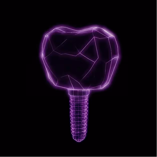3D render of a dental implant on a dark purple background for high-value patient acquisition
