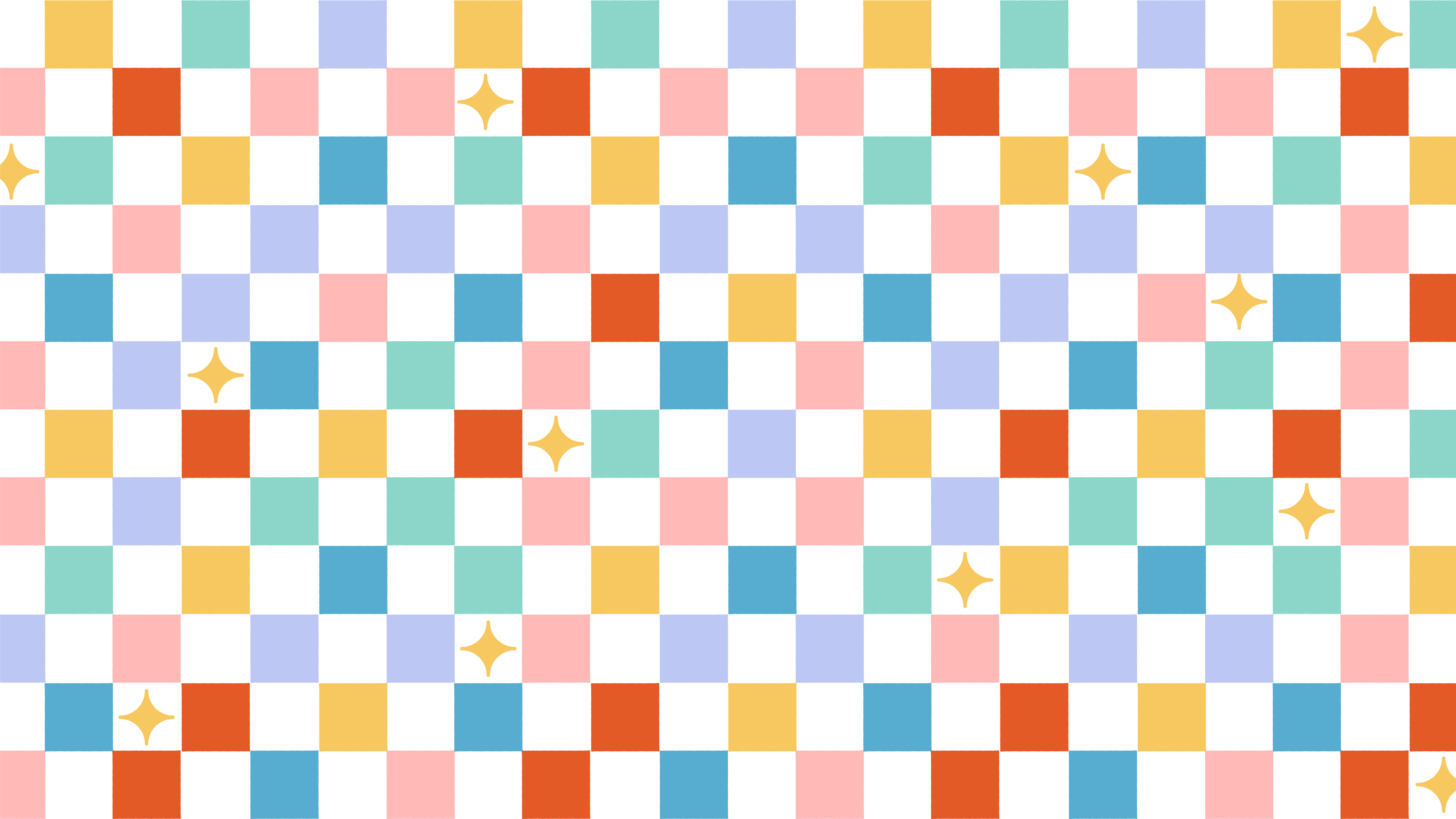 Checkered pattern of pastel-colored squares with small yellow star shapes scattered throughout.