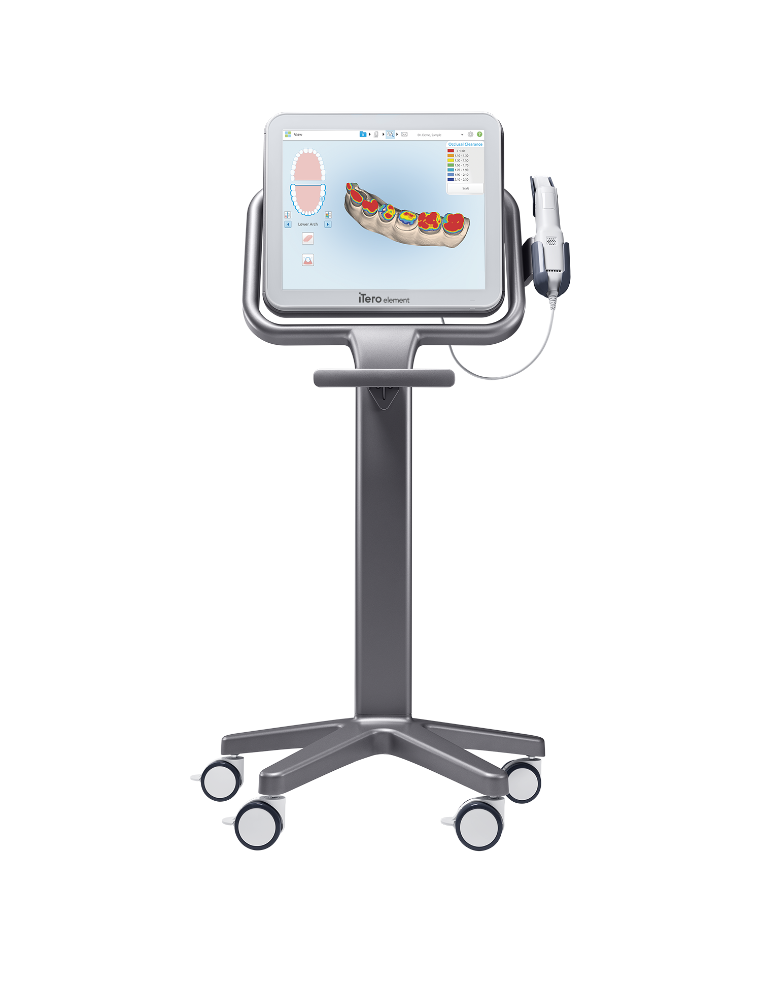 iTero Element dental scanner on a mobile stand displaying a digital 3D model of teeth with occlusal clearance map.