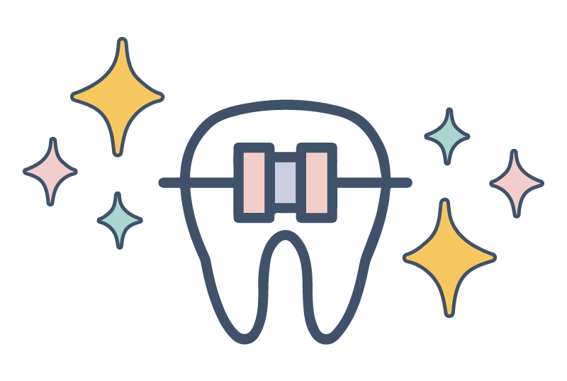 Illustration of a tooth with braces and colorful sparkles around it.