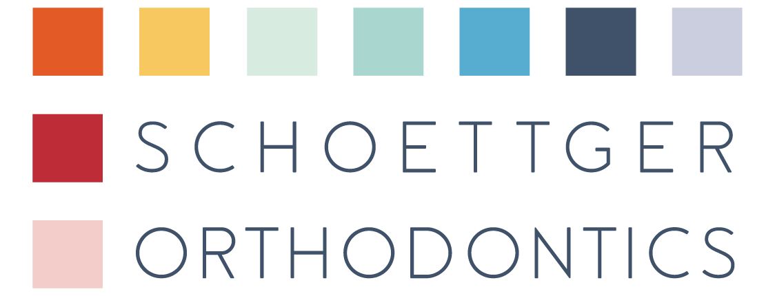 Logo for Schoettger Orthodontics with colored squares above and beside the text.
