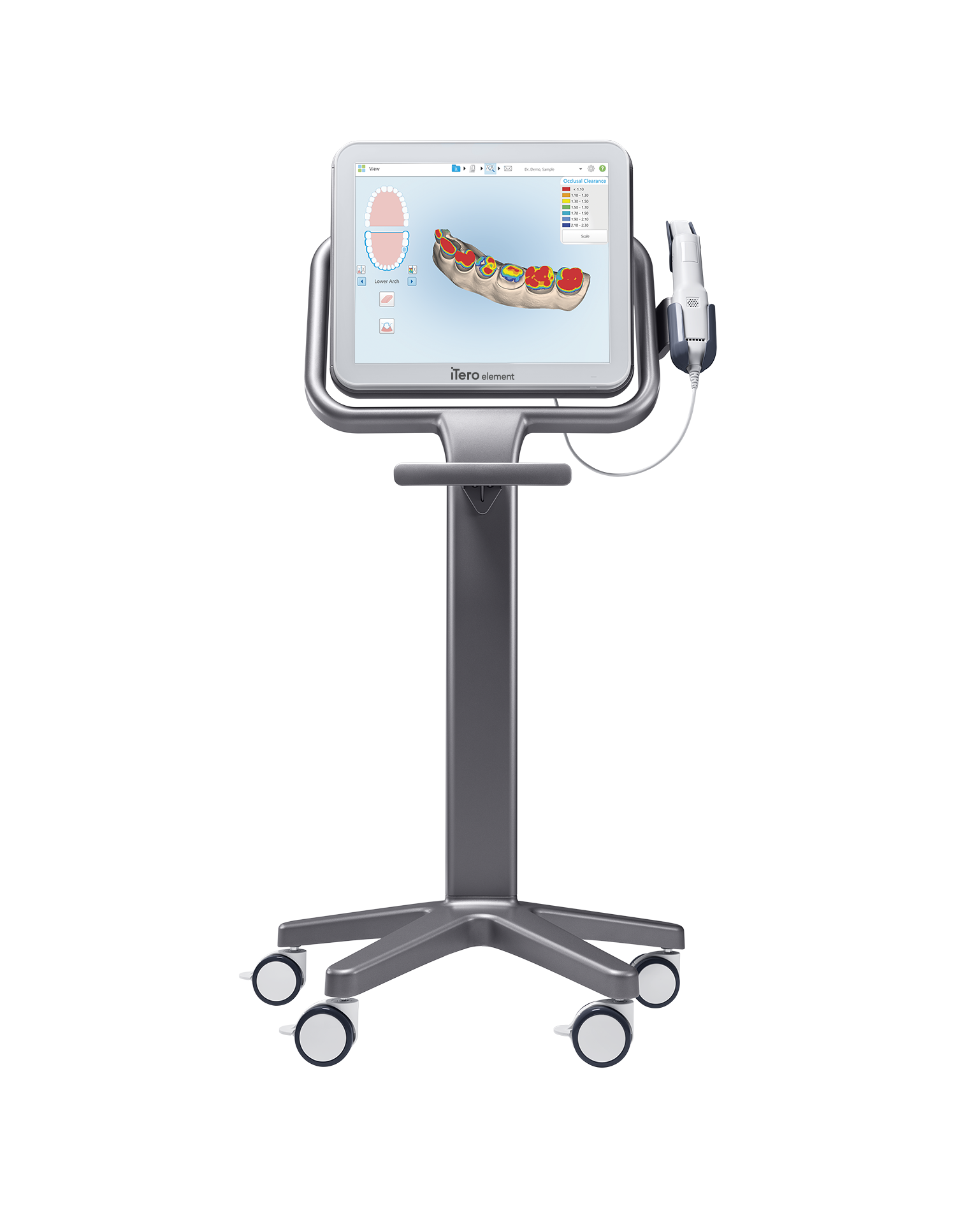 iTero Element dental scanner on a stand showing a colored 3D tooth scan on screen.