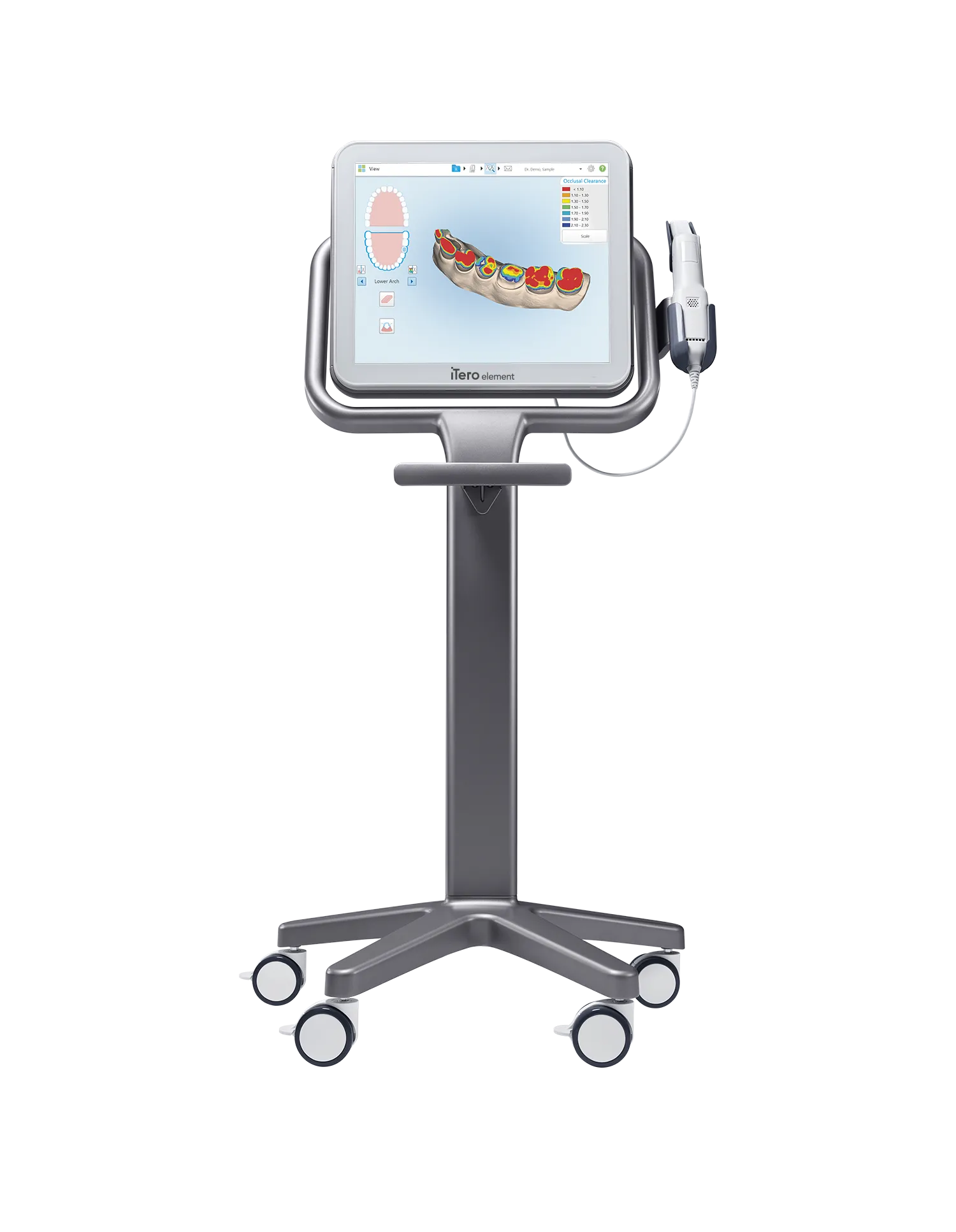 iTero Element dental scanner on a stand showing a colored 3D tooth scan on screen.