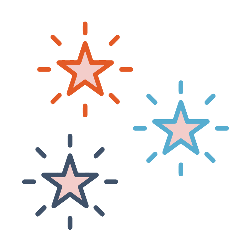 Three shining stars with pink centers and outlines in orange, blue, and dark blue on white background.