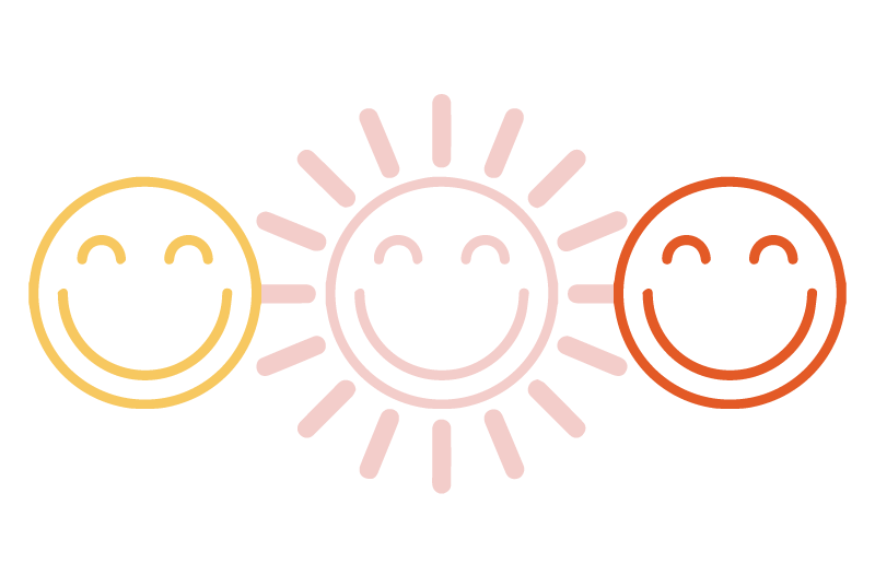 Three smiling faces; the center one is styled as a sun with pink rays, the others in orange and red lines.