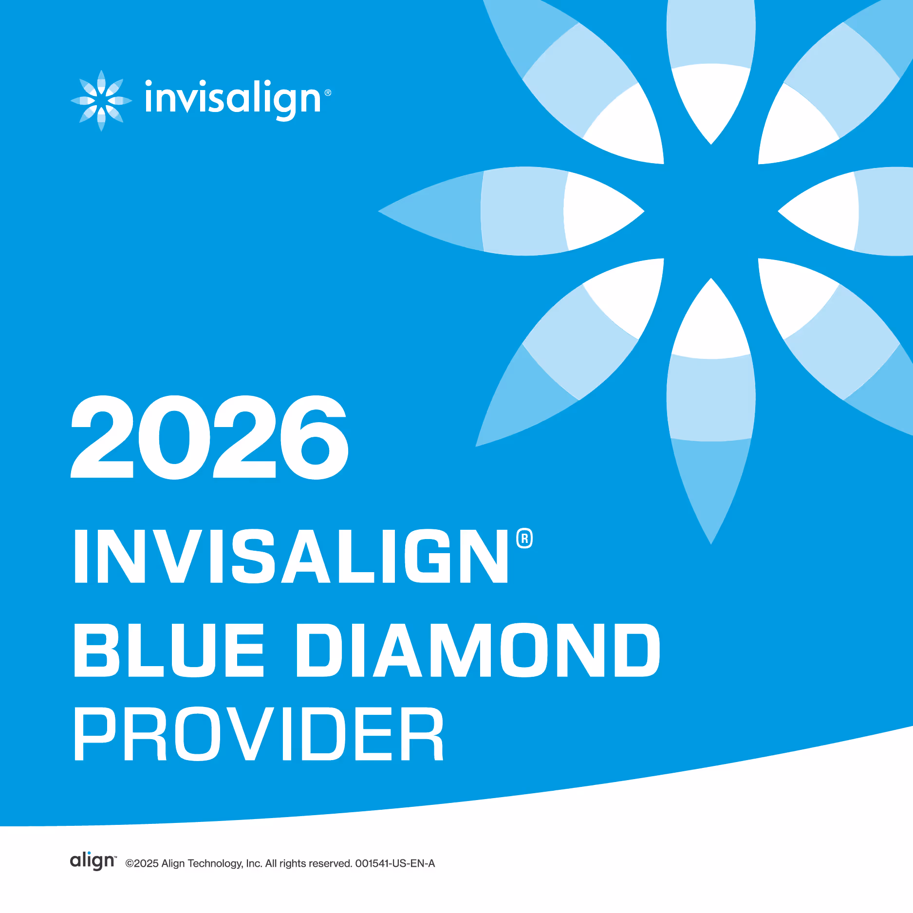 2026 Invisalign Blue Diamond Provider badge with blue floral logo on a blue background.