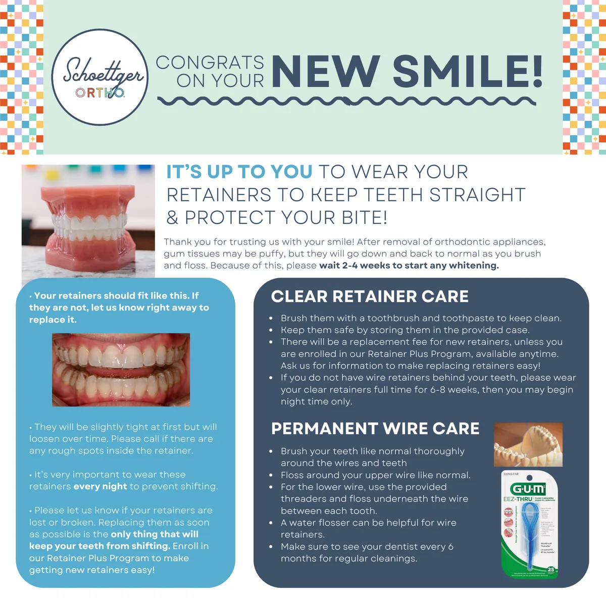 Schoettger Orthodontics Congrats on Your New Smile card with retainer fit guidance after braces removal