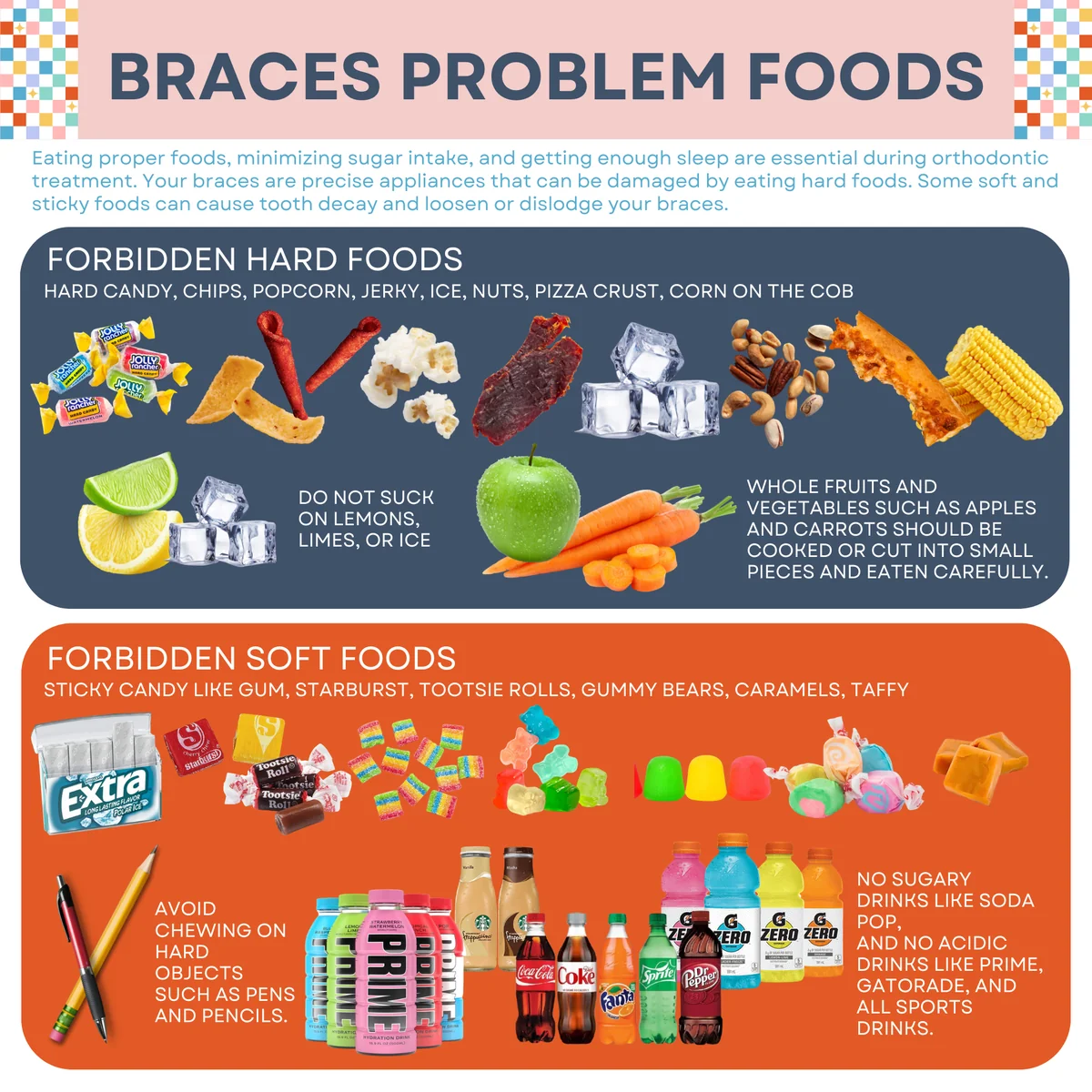 Schoettger Orthodontics Braces Problem Foods card listing forbidden hard and soft foods for braces patients