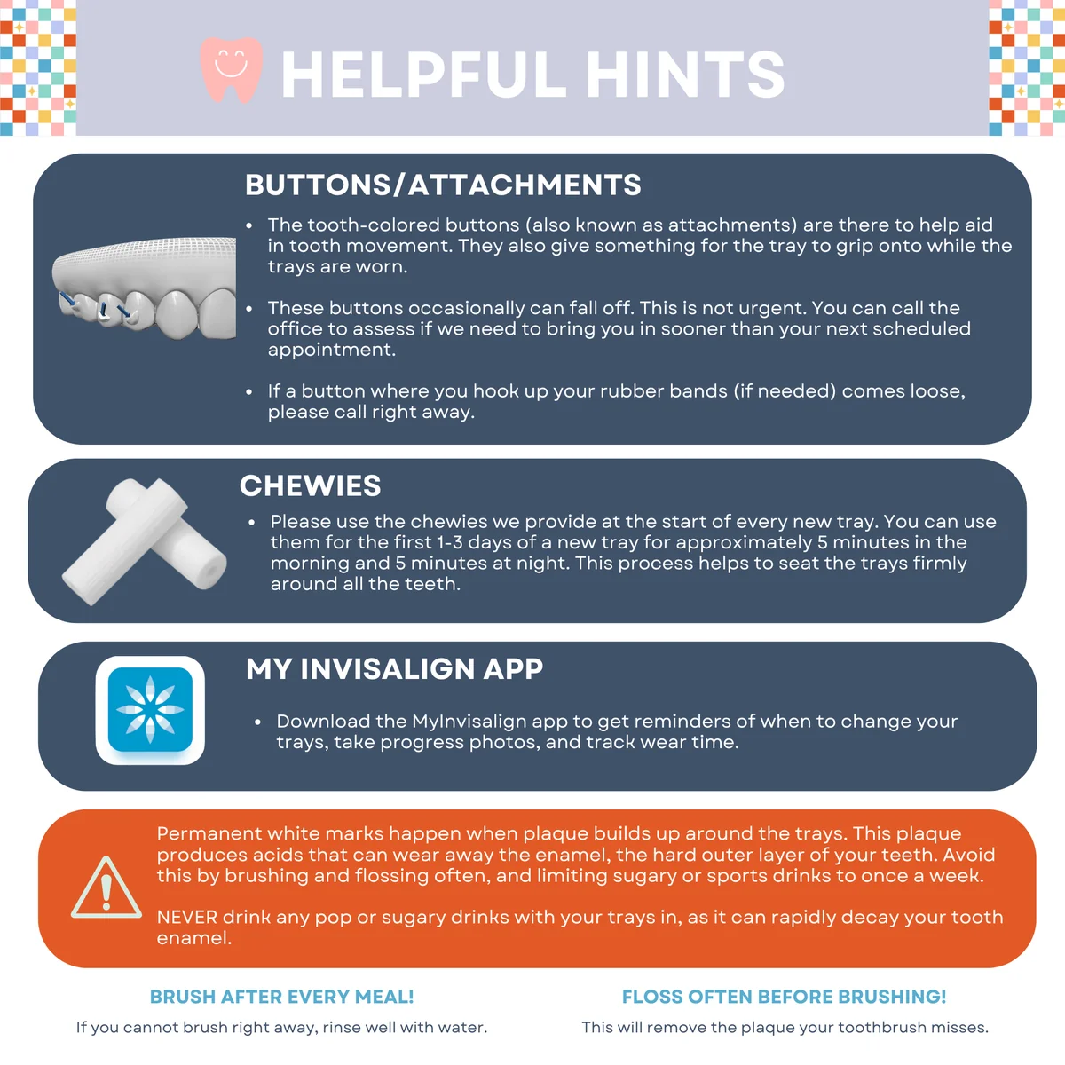Schoettger Orthodontics Invisalign Helpful Hints card covering buttons, attachments, chewies, and the MyInvisalign app