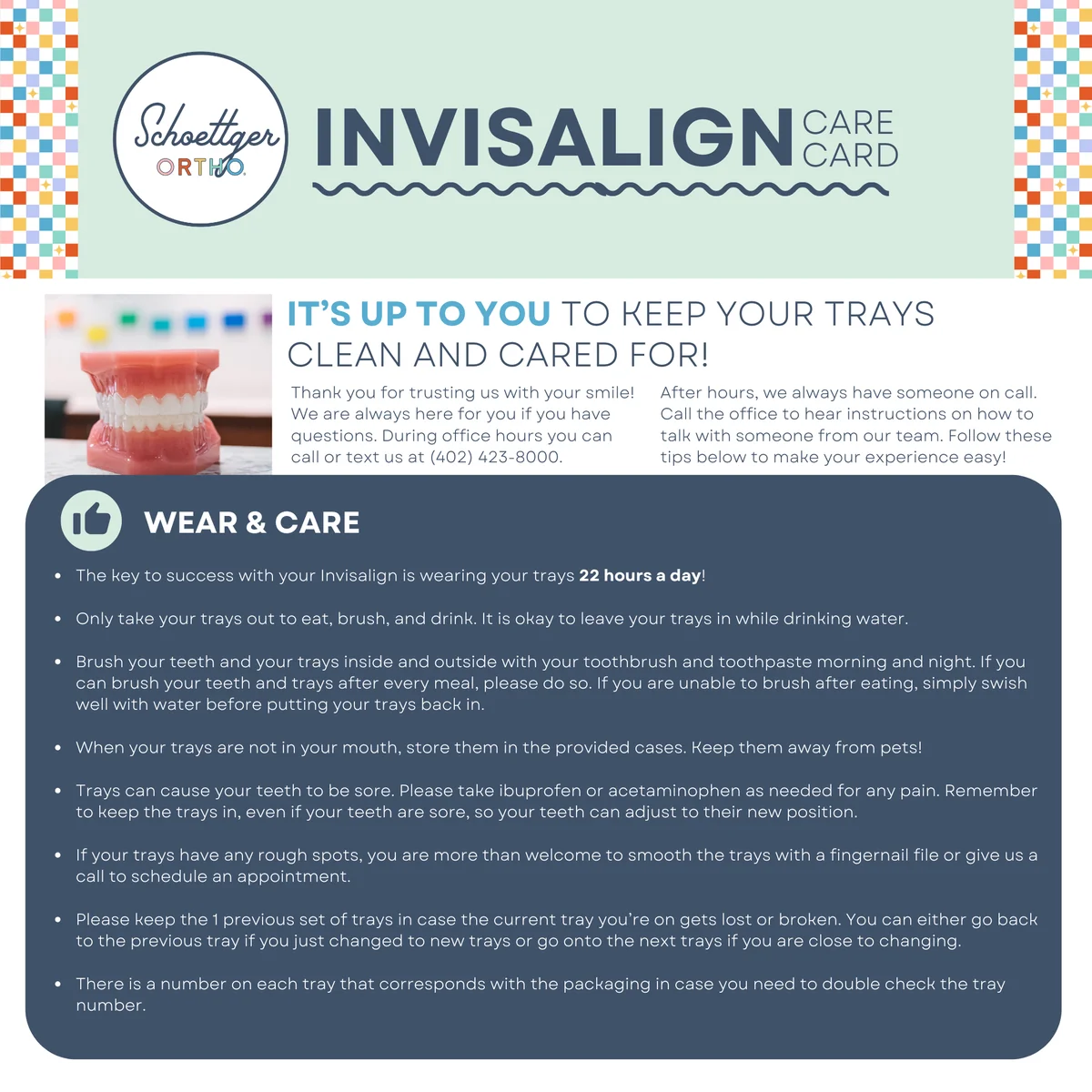 Schoettger Orthodontics Invisalign Care Card covering wear and care of clear aligner trays