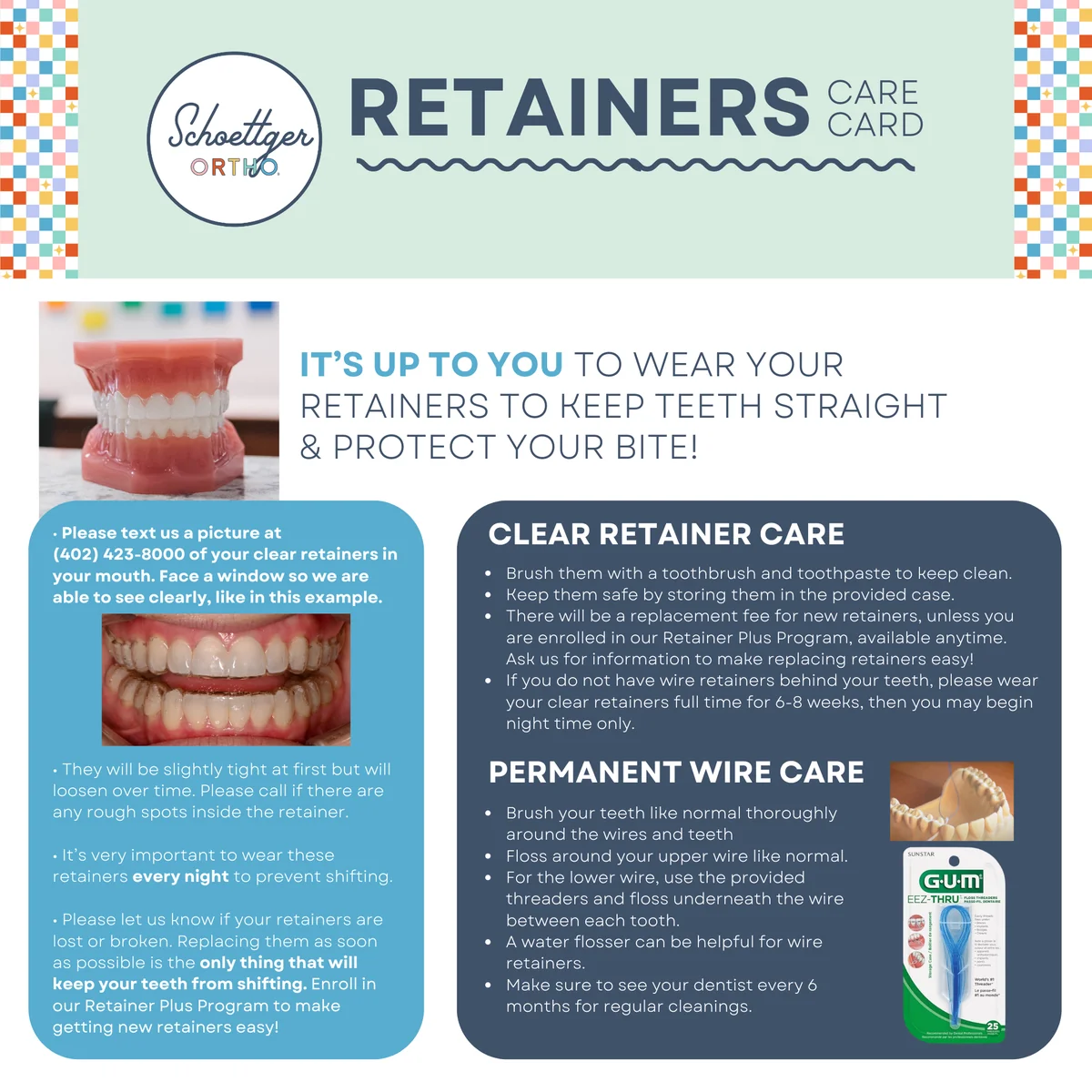 Schoettger Orthodontics Retainers Care Card covering clear retainer and permanent wire retainer care