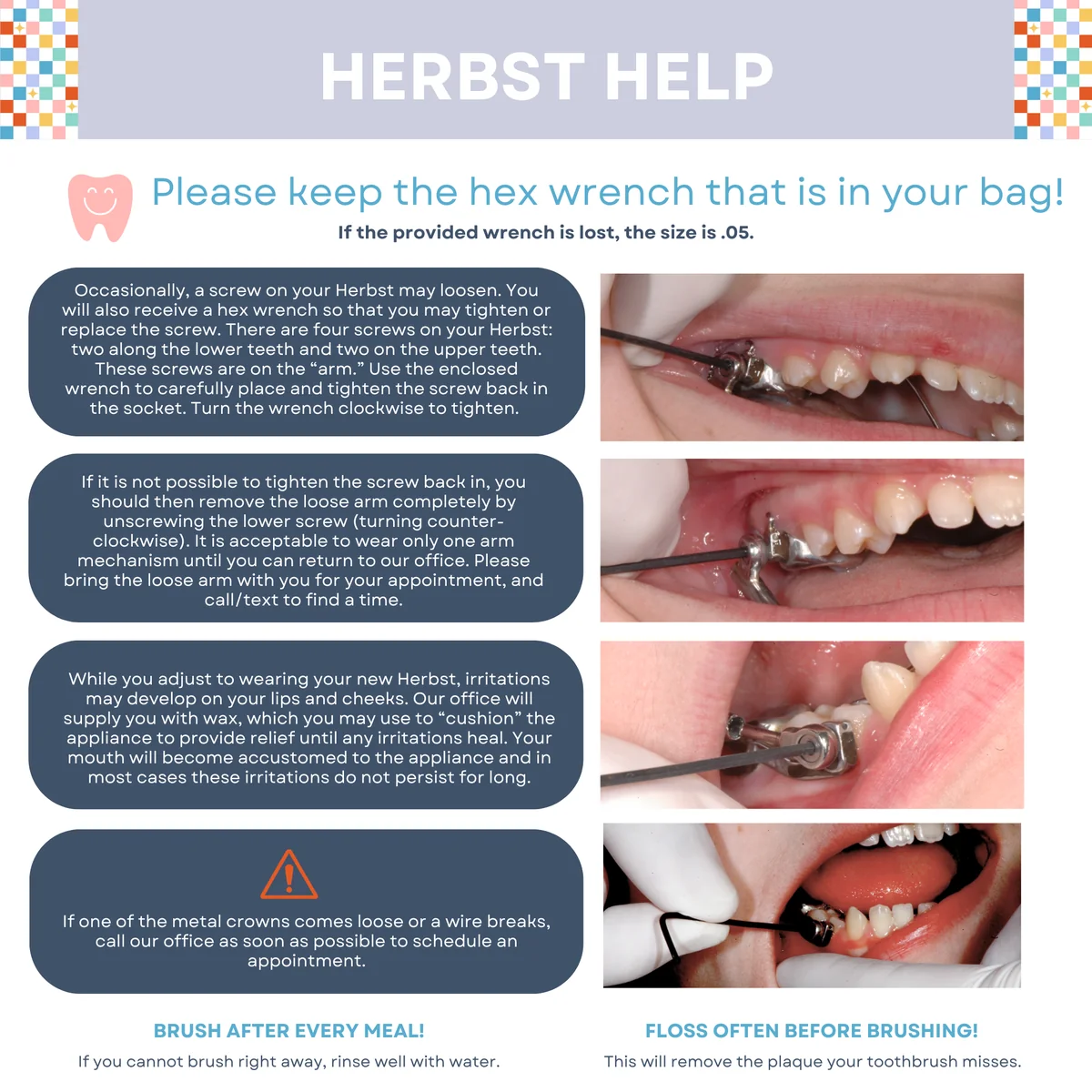 Schoettger Orthodontics Herbst Help card with hex wrench screw-tightening instructions