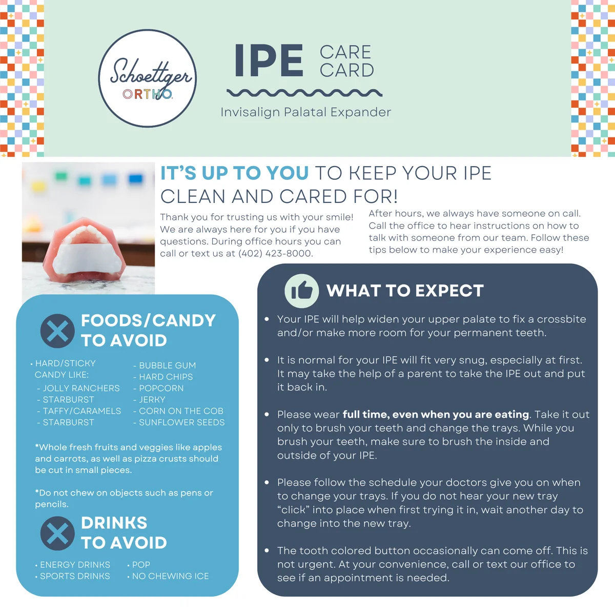 Schoettger Orthodontics IPE Care Card for the Invisalign Palatal Expander