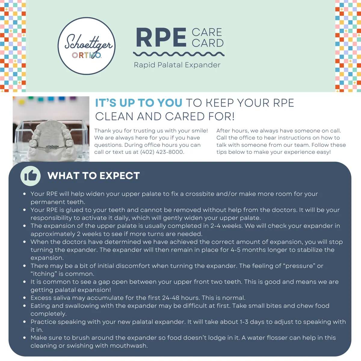 Schoettger Orthodontics RPE Care Card explaining what to expect with a Rapid Palatal Expander