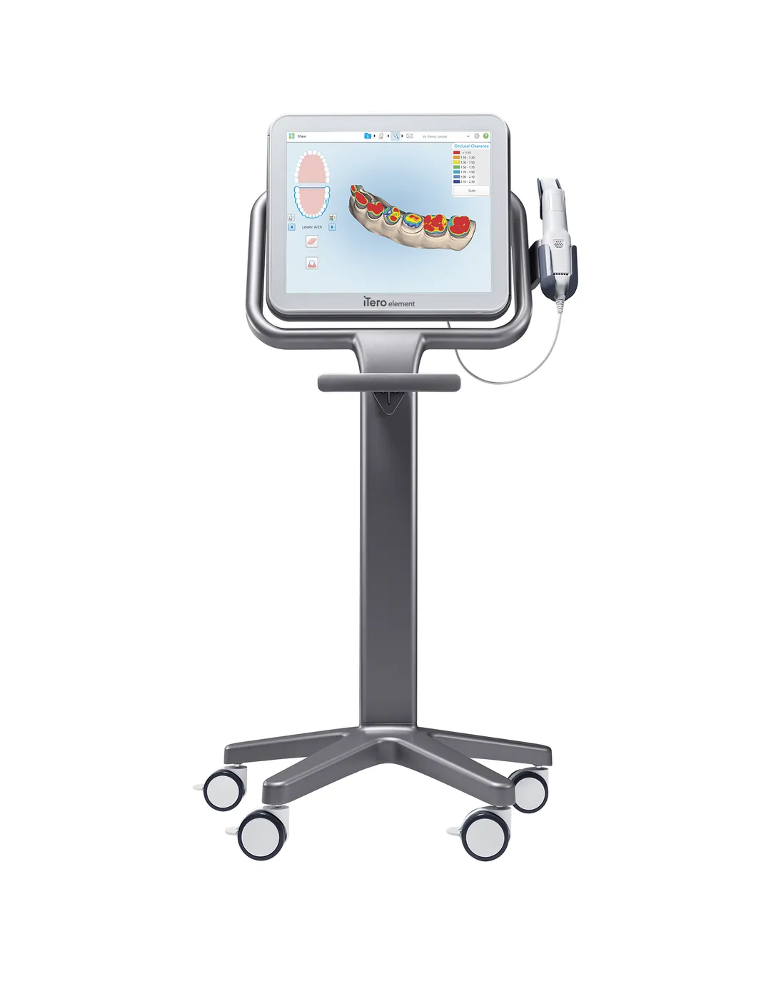 iTero Element dental scanner on a mobile stand displaying a digital 3D model of teeth with occlusal clearance map.