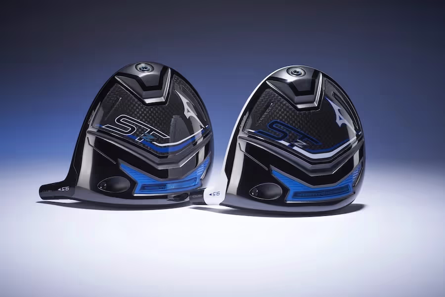 Two clubheads side by side, showing the bottom of the heads set against white and blue background.