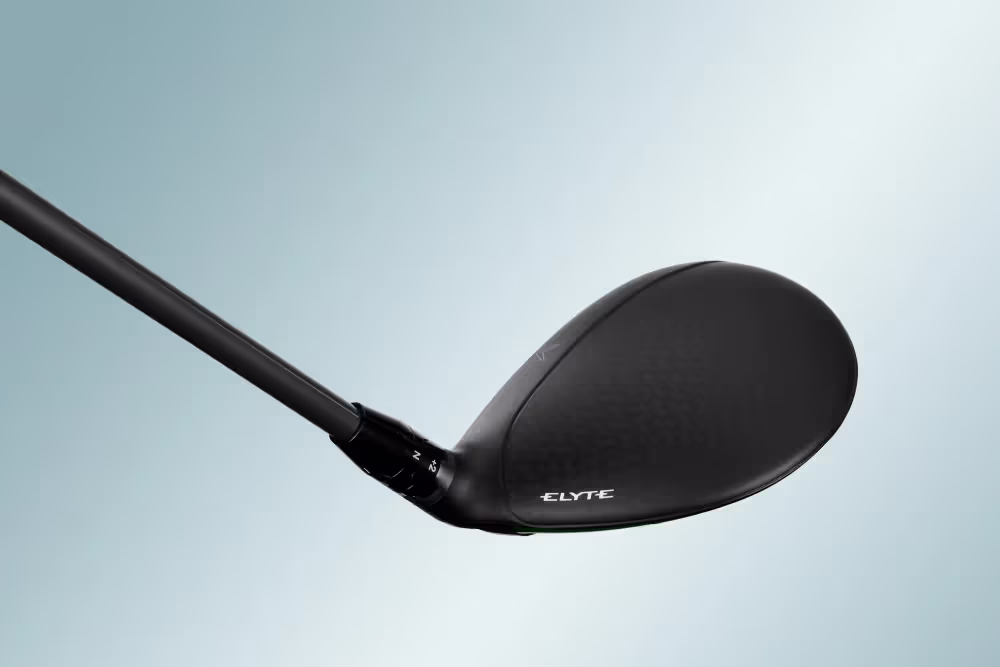 Close-up view of the top of the Callaway Elyte Fairway clubhead with a light sky background. 