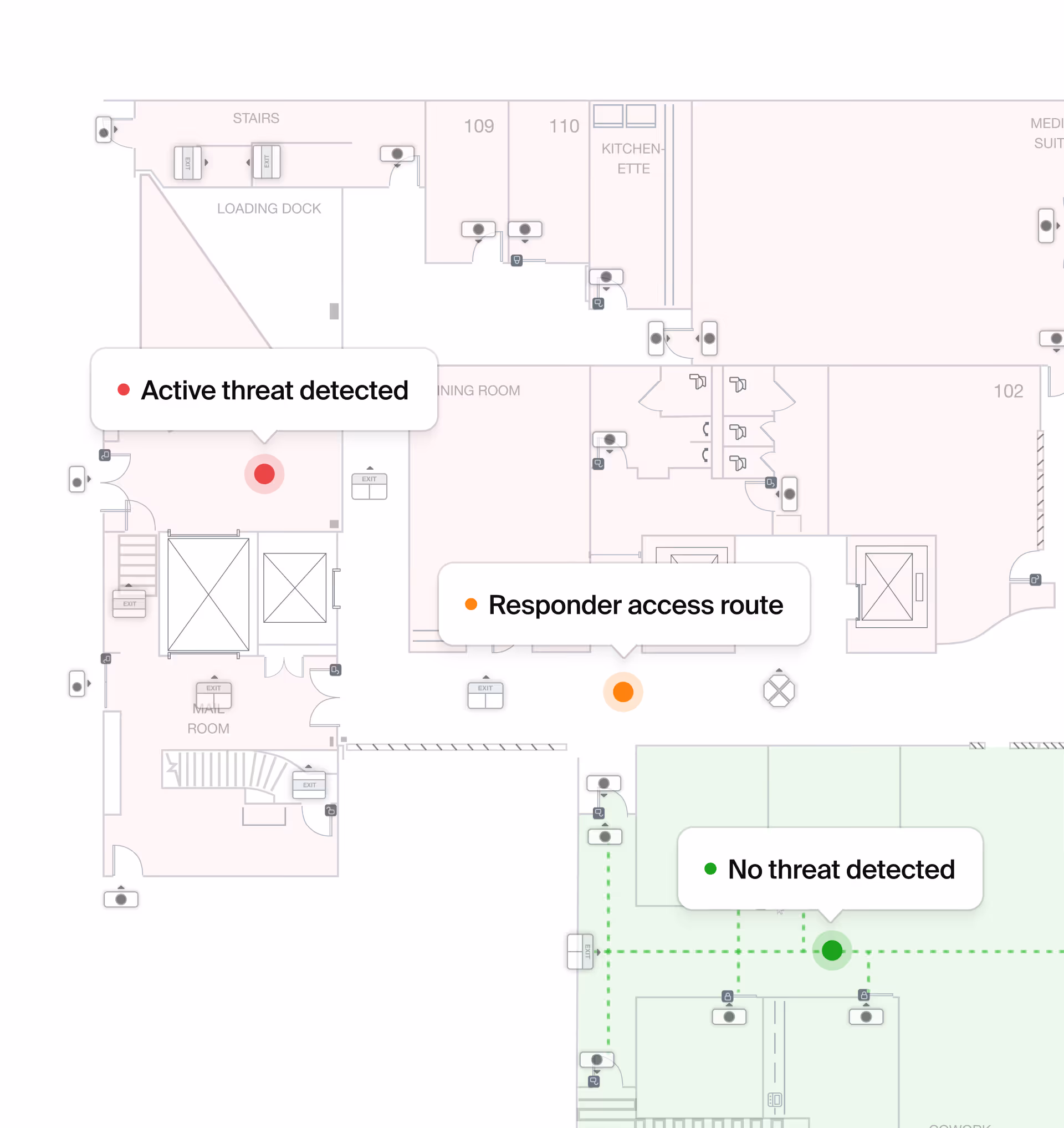 Floor plan showing security status with red indicating active threat, orange for responder access route, and green for no threat detected.