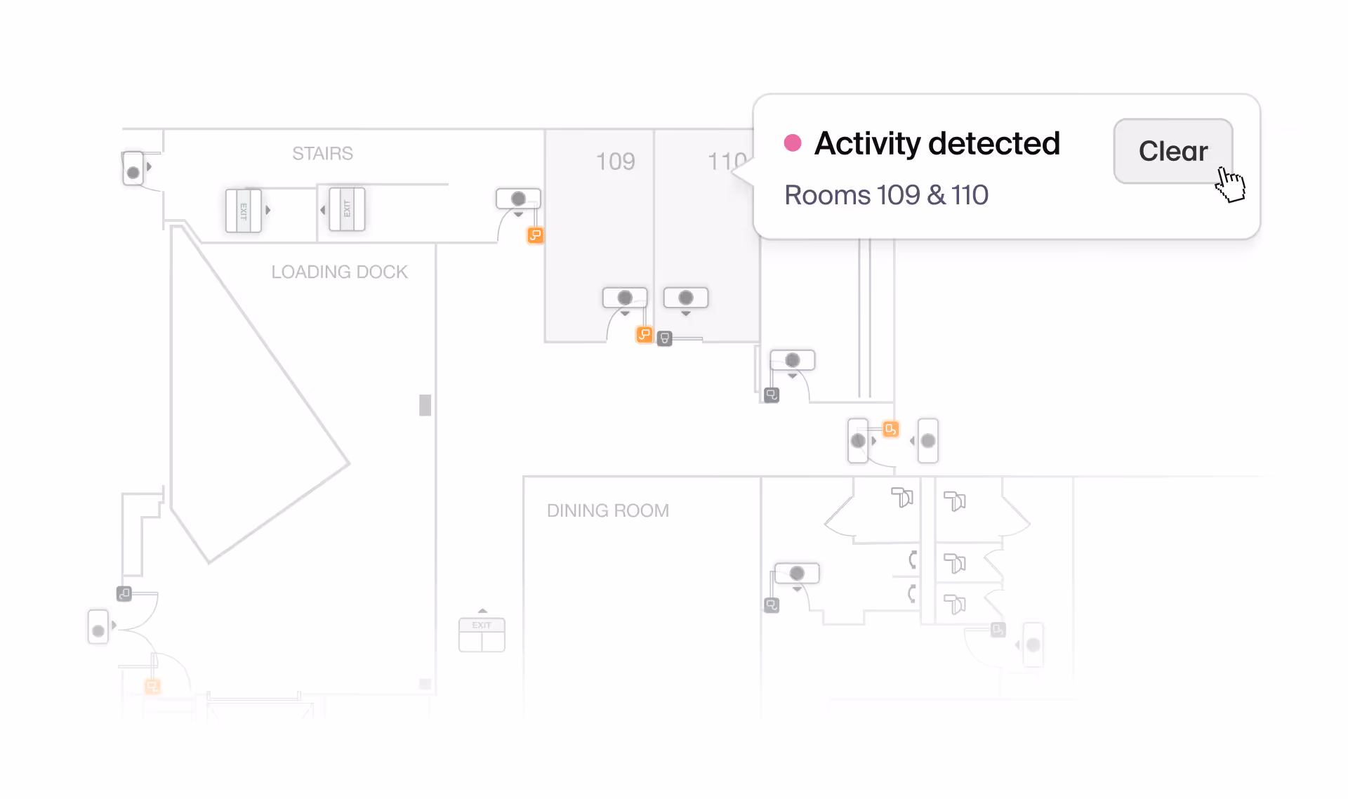 Floor plan with highlighted activity detected in rooms 109 and 110 and a clear button.