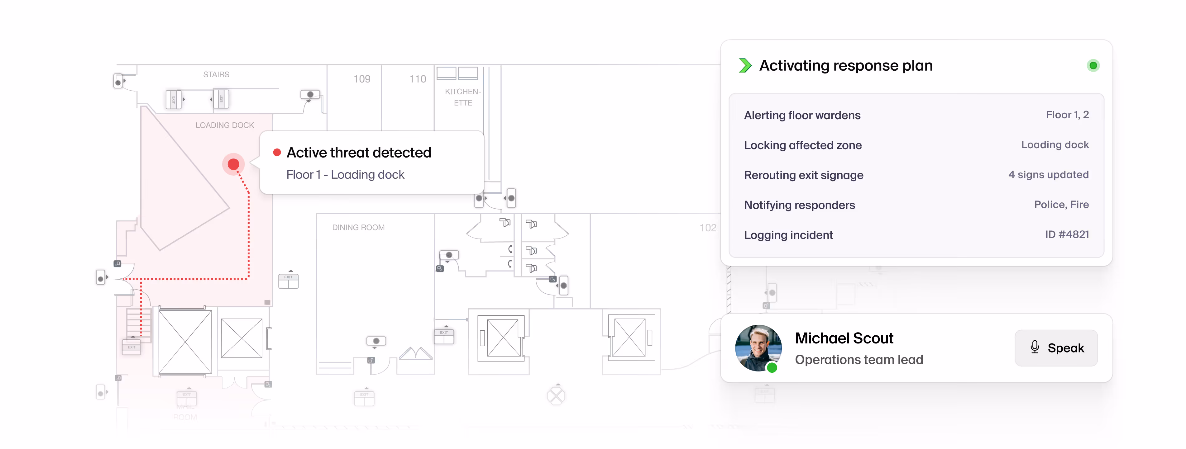 Floor plan highlighting an active threat detected in the loading dock with response plan details and operations team lead Michael Scout's profile.