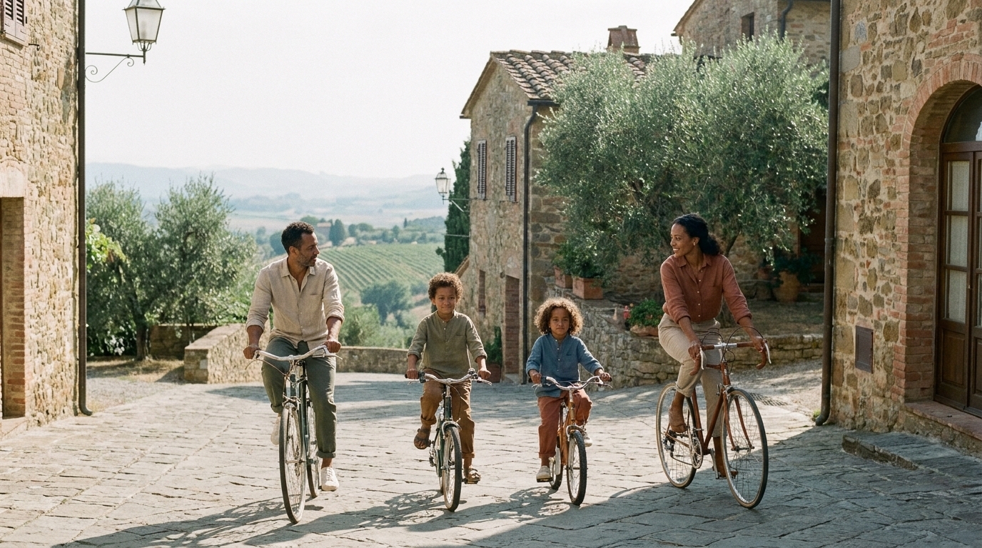 Family of four riding bicycles on a cobblestone street in a countryside village with rolling hills in the background.