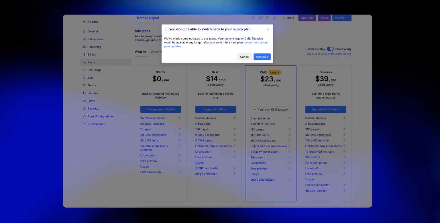Cancel Webflow Subscription: Site Plan Downgrade
