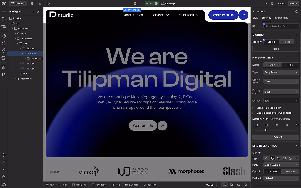 Add link to Menu Webflow: Editing Link
