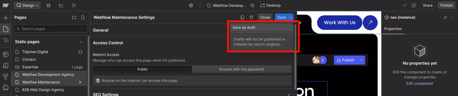 Draft Page Before Deleting in Webflow