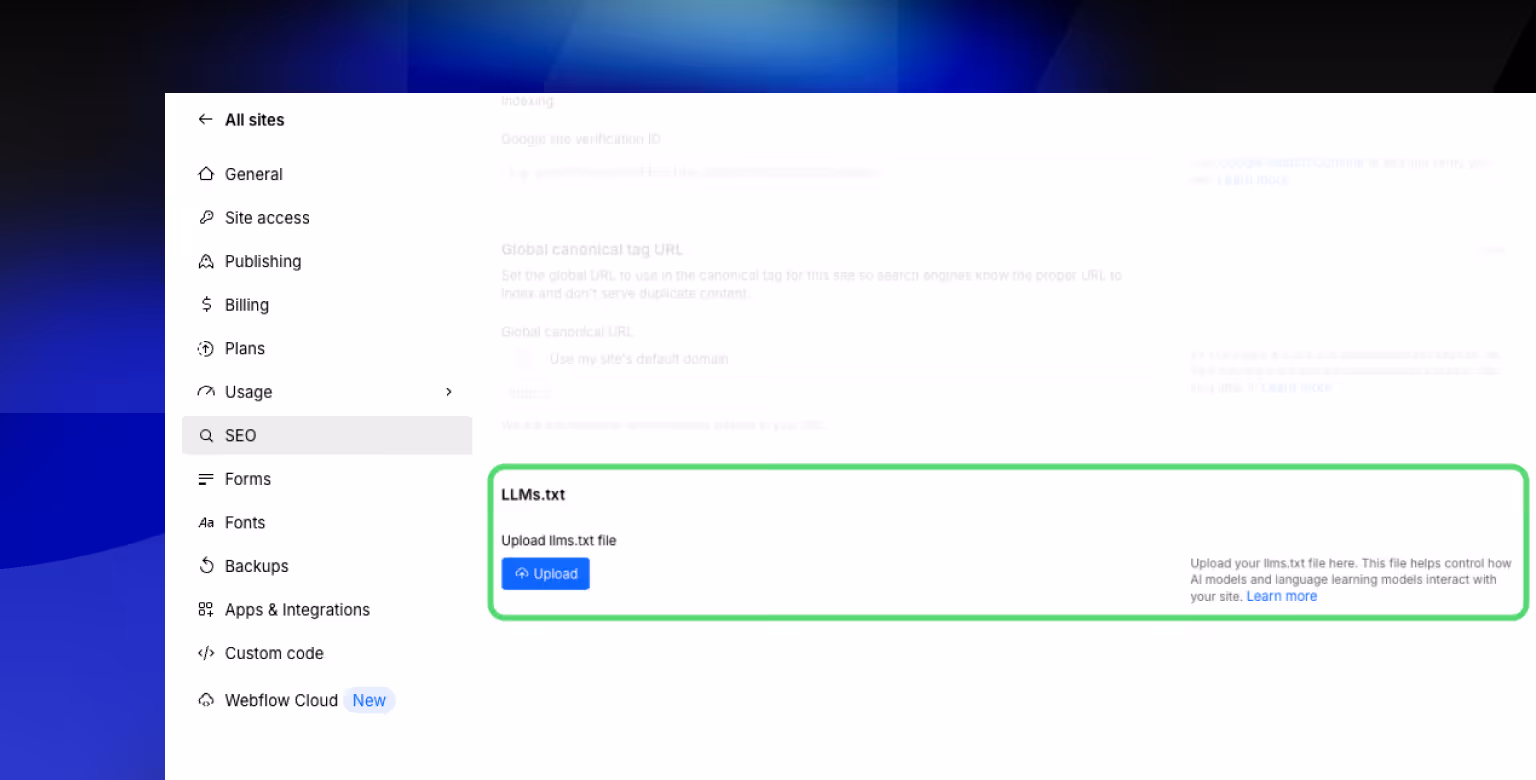 Uploading llms.txt in Webflow