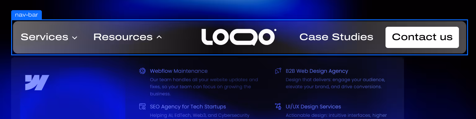 Webflow Centered Nav Bar: Selected Navigation
