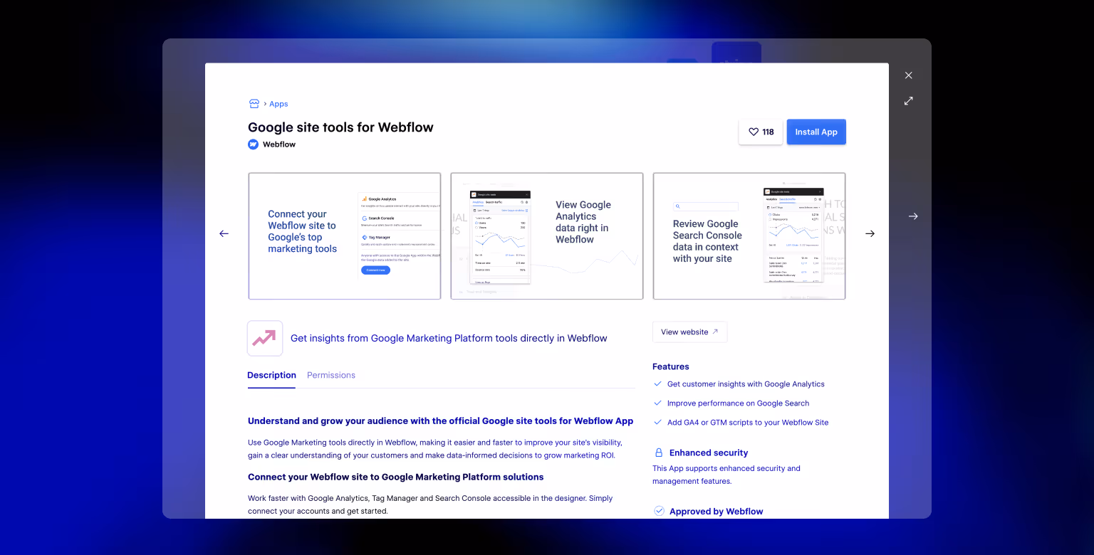 Installing Google site tools for Webflow app