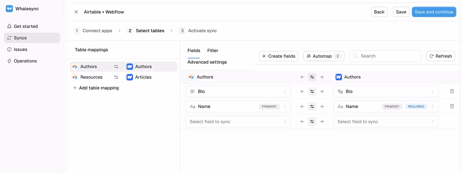 Map fields between Airtable and Webflow using Whalesync