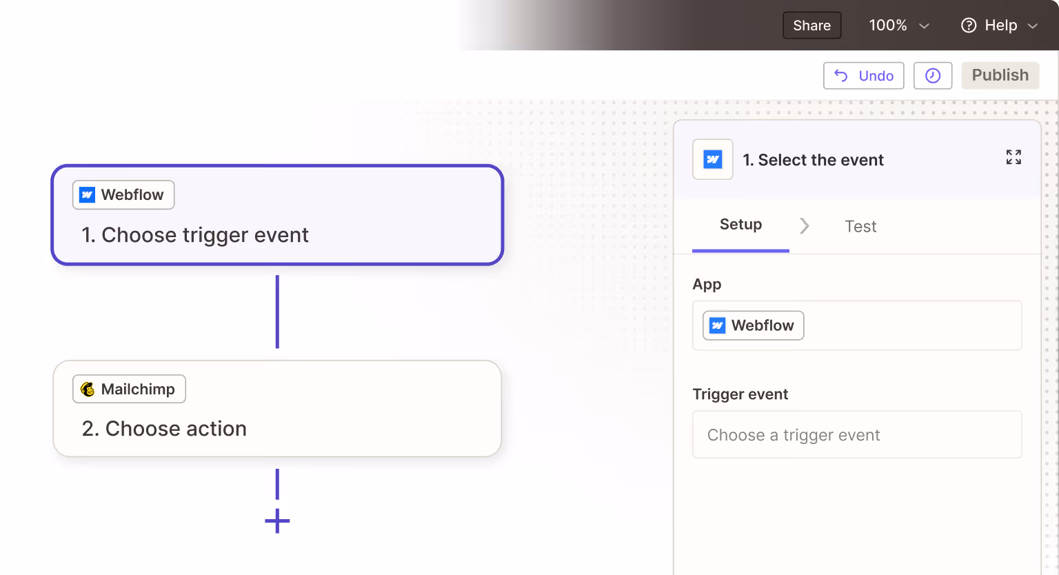 Usin Zapier UI to integrate Webflow with Mailchimp