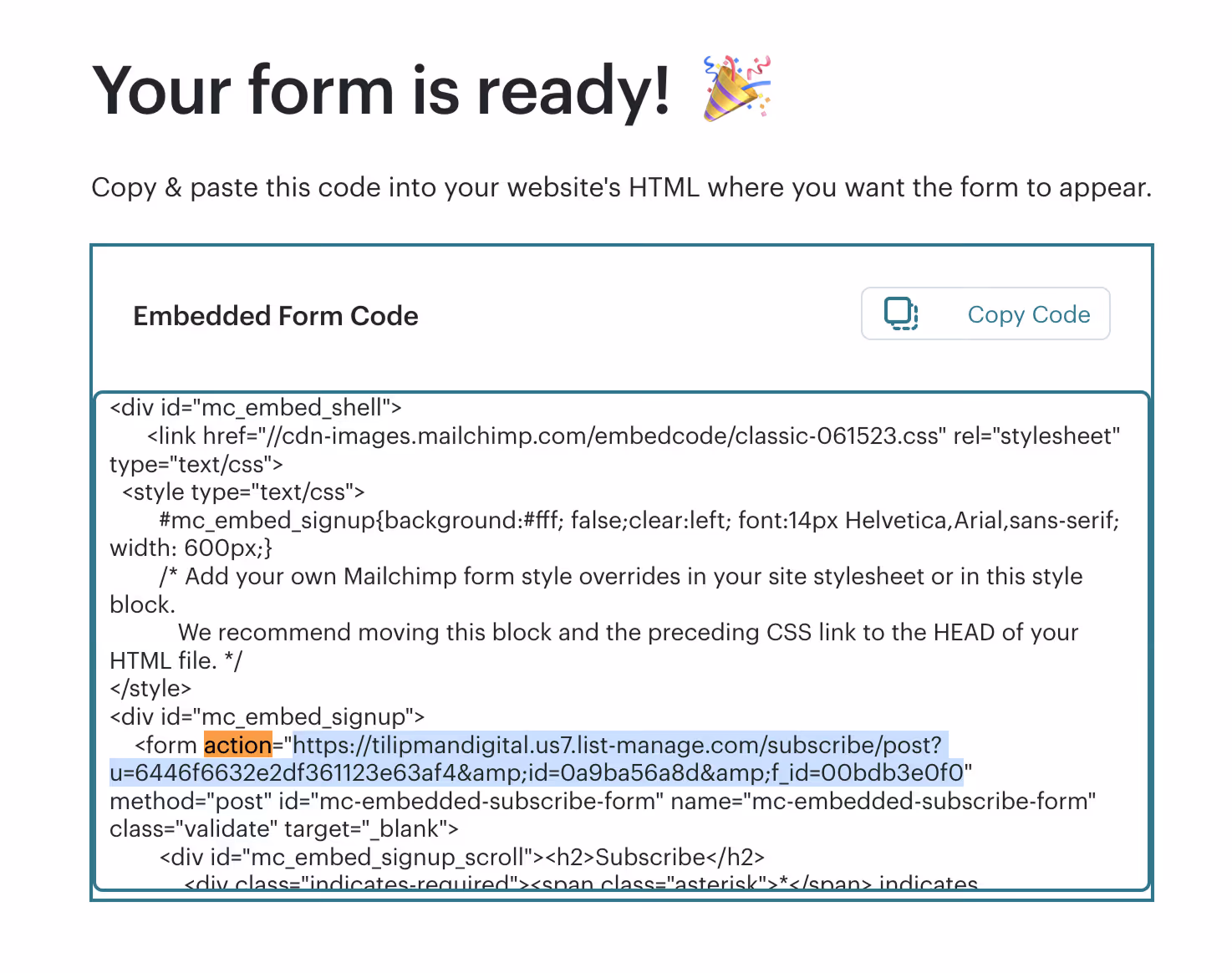 Copying Mailchimp's Form Action to Webflow