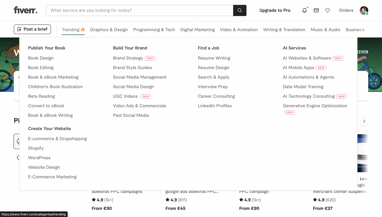 Fiverr Meganav Menu Example