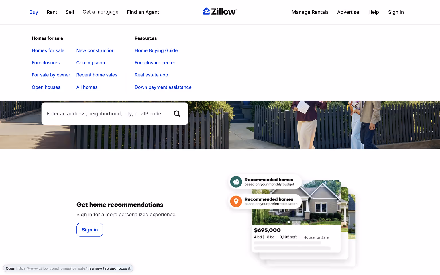 Zillow Meganav Menu Example